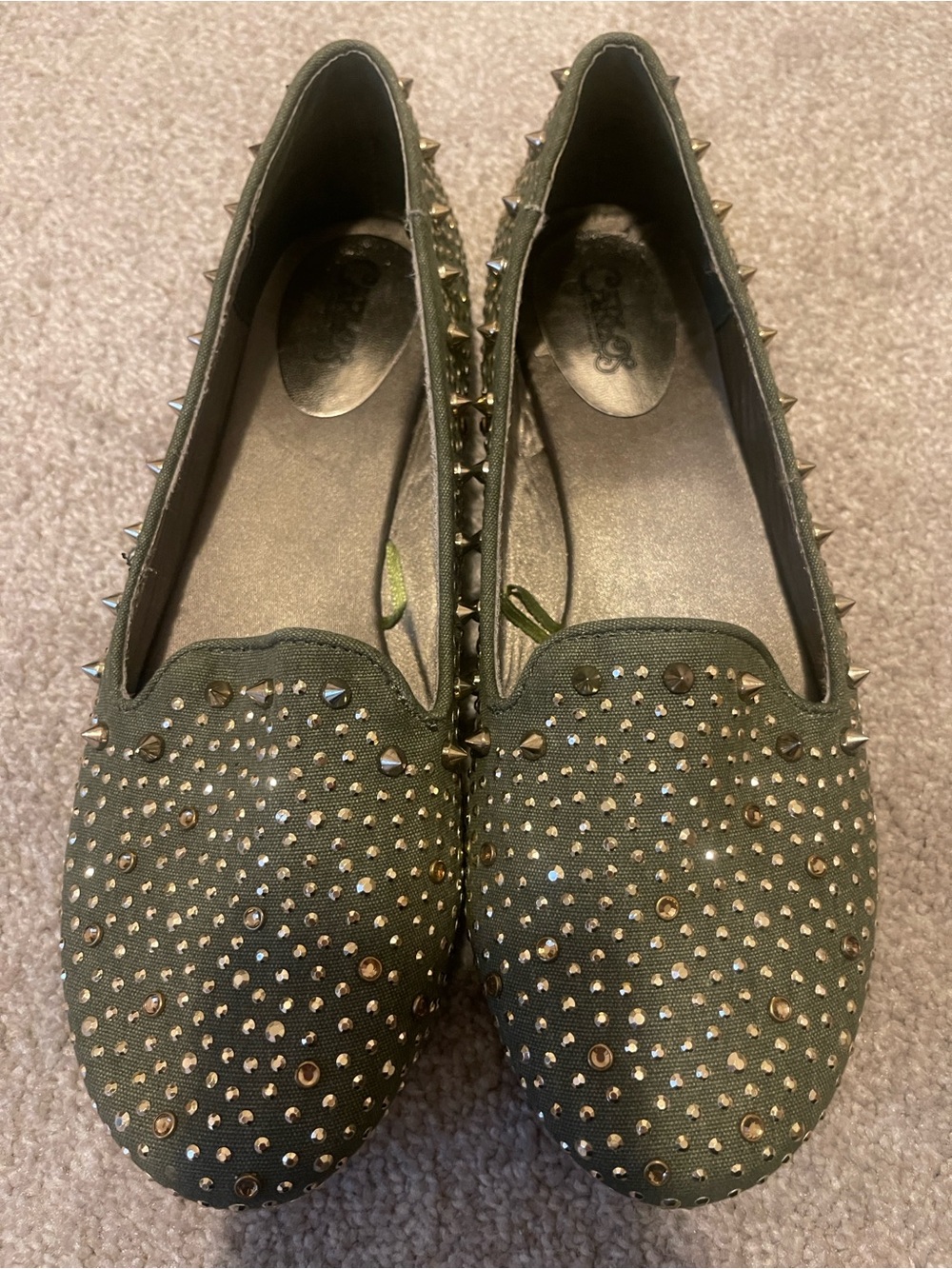 Carlos Santana Olive Green Studded Slip-On Loafers